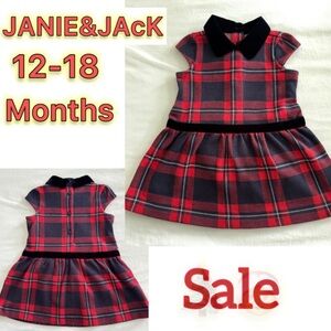 🎄🤶Janie and Jack Red Plaid Baby Dress with Black Velvet  for Christmas👌